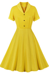 Gelbes Midikleid in A-Linie mit V-Ausschnitt